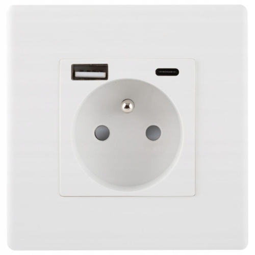 Zásuvka Biela S Kolíkom + Dvojitá Nabíjačka USB A+C 20W Set S Plastovým Rámikom