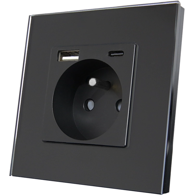 Čierna Zásuvka S Kolíkom + Dvojitá Nabíjačka USB A+C 20W So Skleneným Rámikom MIUUN