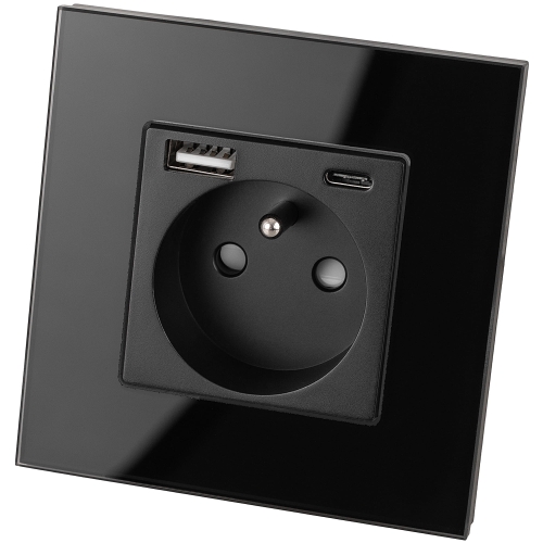 Čierna Zásuvka S Kolíkom + Dvojitá Nabíjačka USB A+C 20W So Skleneným Rámikom MIUUN