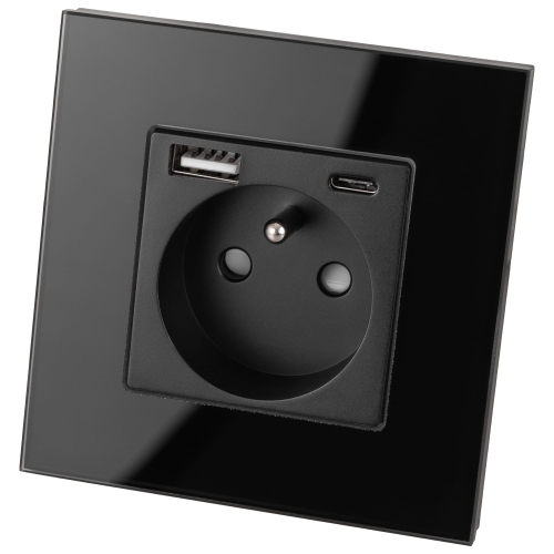 Čierna Zásuvka S Kolíkom + Dvojitá Nabíjačka USB A+C 20W So Skleneným Rámikom MIUUN