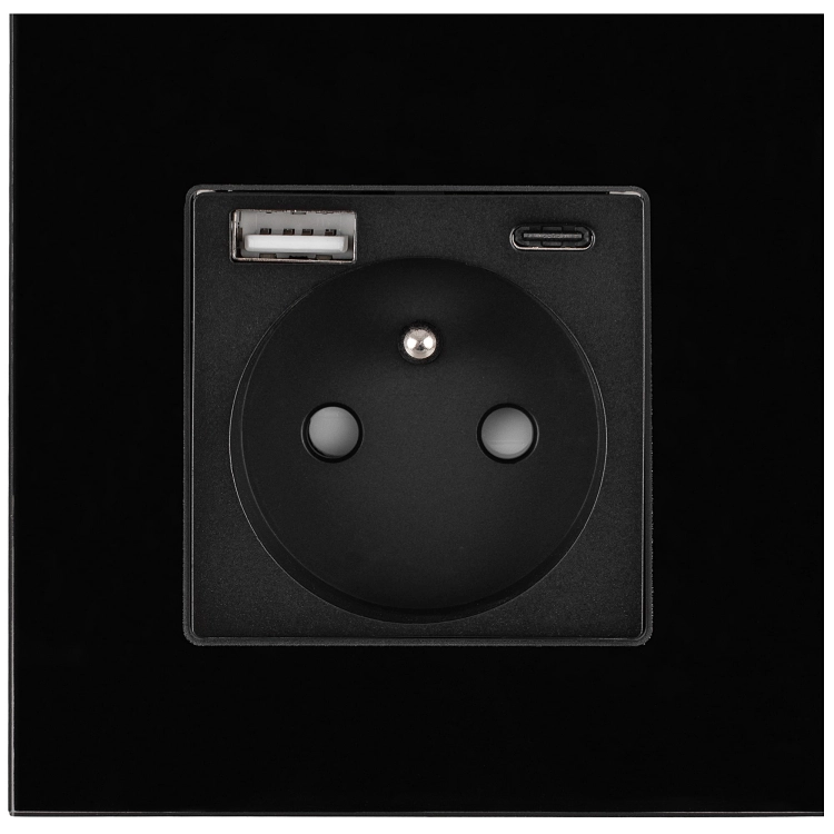 Čierna Zásuvka S Kolíkom + Dvojitá Nabíjačka USB A+C 20W So Skleneným Rámikom MIUUN