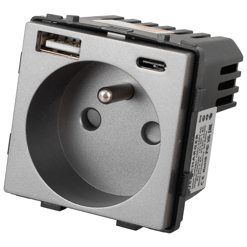 Modul Sivá Zásuvka S Kolíkom + Dvojitá USB Nabíjačka 20W Typ A+C Pre Rámiky MIUUN