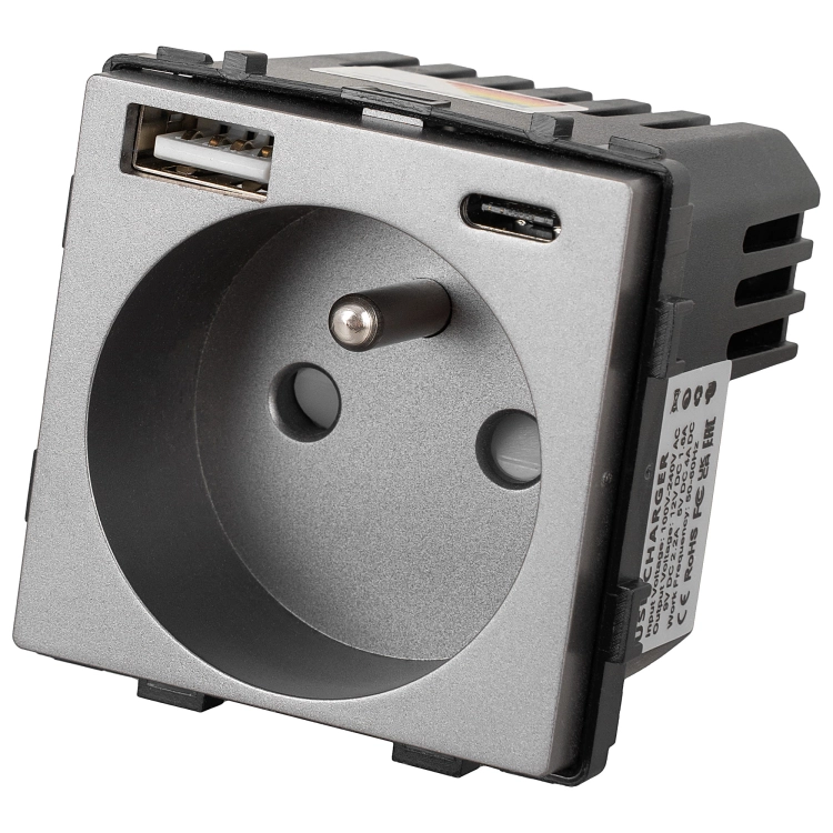 Modul Sivá Zásuvka S Kolíkom + Dvojitá USB Nabíjačka 20W Typ A+C Pre Rámiky MIUUN
