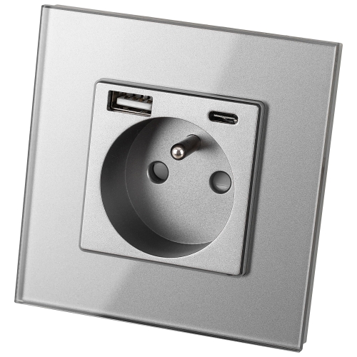 Sklenená Sivá Zásuvka S Kolíkom + Dvojitá USB Nabíjačka 20W Typ A+C MIUUN