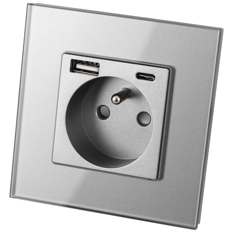 Sklenená Sivá Zásuvka S Kolíkom + Dvojitá USB Nabíjačka 20W Typ A+C MIUUN