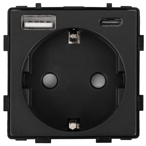 Modul Zásuvka Schuko S Uzemnením Bez Kolíka Čierna + Dvojitá USB Nabíjačka 20W Do Rámikov
