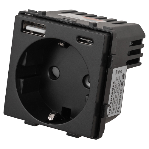 Modul Zásuvka Schuko S Uzemnením Bez Kolíka Čierna + Dvojitá USB Nabíjačka 20W Do Rámikov
