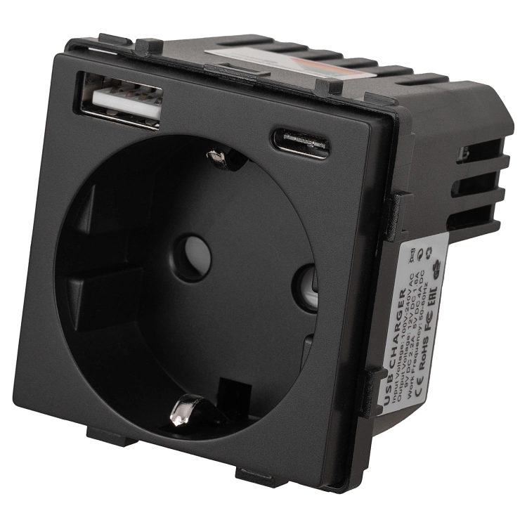 Modul Zásuvka Schuko S Uzemnením Bez Kolíka Čierna + Dvojitá USB Nabíjačka 20W Do Rámikov