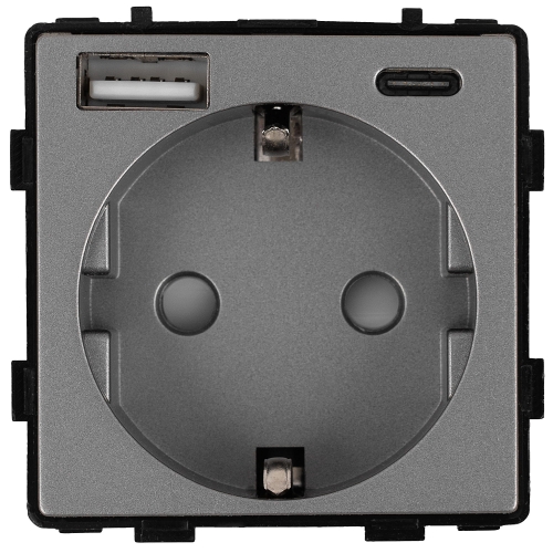 Modul Zásuvka Schuko S Uzemnením Bez Kolíka + Dvojitá USB Nabíjačka 2.4A Typ A+C 20W Sivá Do Rámikov