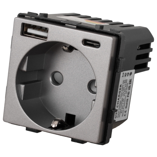 Modul Zásuvka Schuko S Uzemnením Bez Kolíka + Dvojitá USB Nabíjačka 2.4A Typ A+C 20W Sivá Do Rámikov