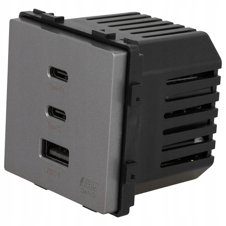 Modul Zásuvka Trojitá USB Nabíjačka 65W A+C+C Sivá Do Rámikov