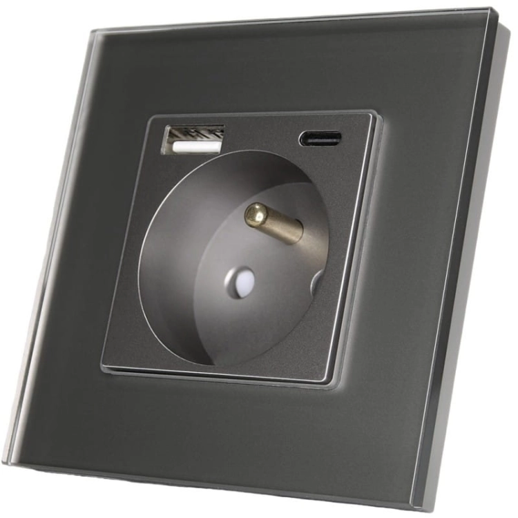 Sklenená Sivá Zásuvka S Kolíkom + Dvojitá USB Nabíjačka 20W Typ A+C MIUUN