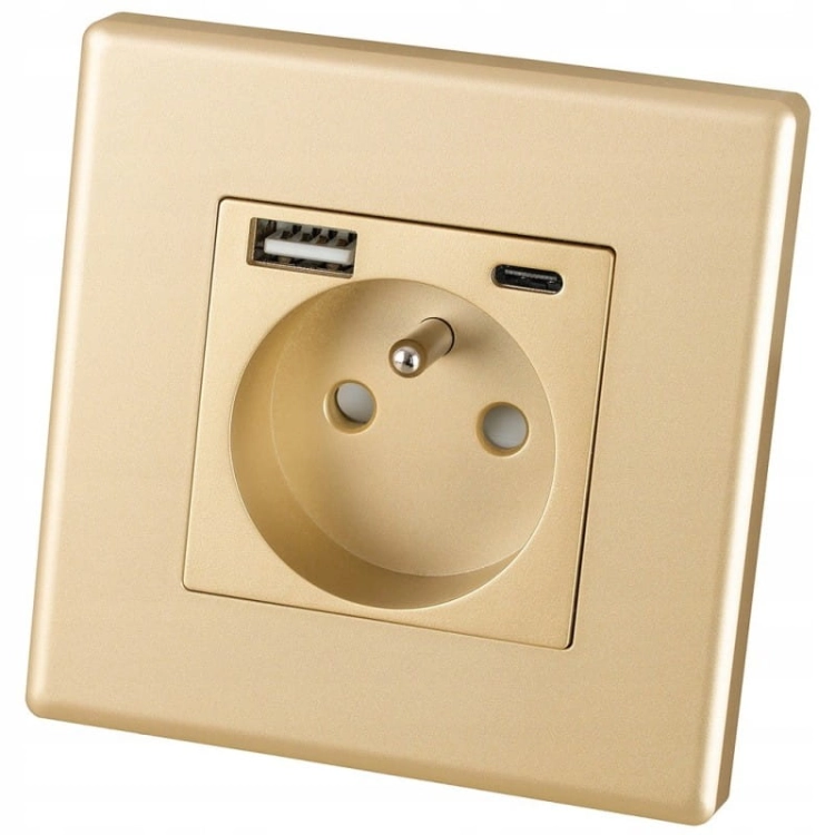 Zlatá Zásuvka S Kolíkom + Zásuvka USB A+C 20W Súprava S Rámikom PCV