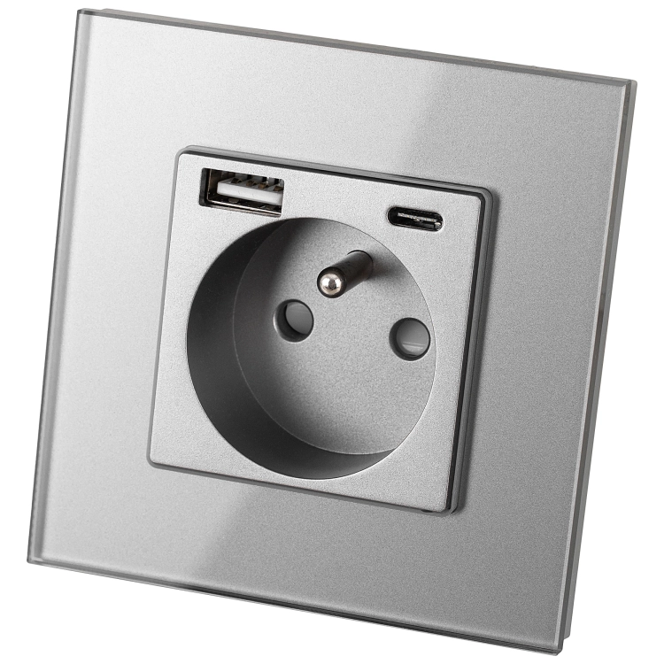 Zásuvka Sivá Dvojitá Nabíjačka USB A+C 2.4A Set S Rámikom MIUUN