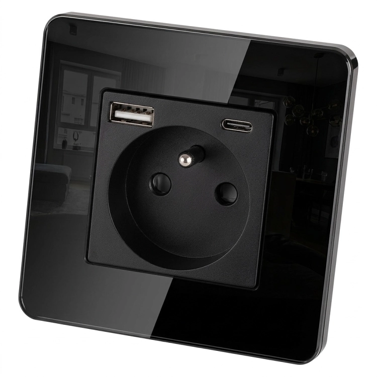 Sklenená Zásuvka Lesklá S Kolíkom + Dvojitá Nabíjačka USB A+C 20W MIUUN