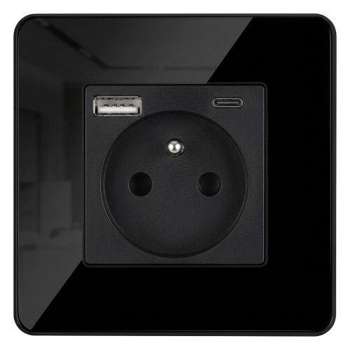 Sklenená Zásuvka Lesklá S Kolíkom + Dvojitá Nabíjačka USB A+C 20W MIUUN