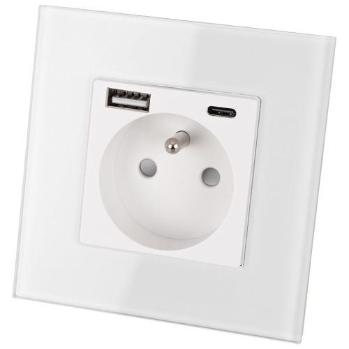 Sklenená Biela Zásuvka S Kolíkom + Dvojitá USB Nabíjačka 20W Typ A+C MIUUN