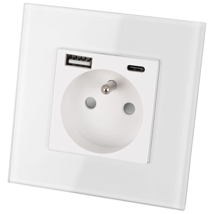 Sklenená Biela Zásuvka S Kolíkom + Dvojitá USB Nabíjačka 20W Typ A+C MIUUN