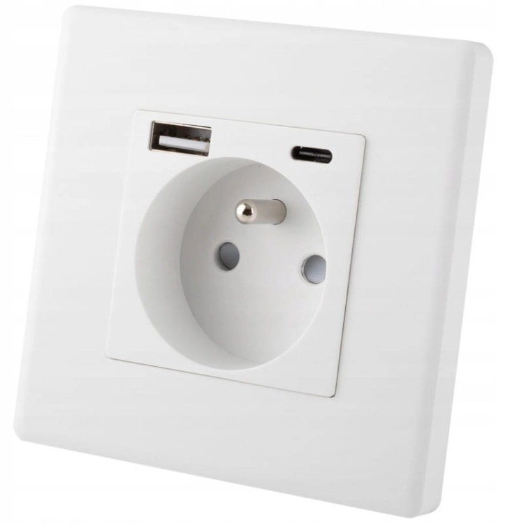 Zásuvka Biela S Kolíkom + Dvojitá Nabíjačka USB A+C 20W Set S Plastovým Rámikom