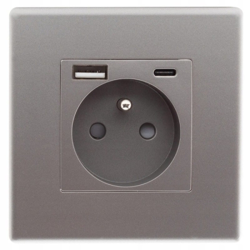 Sivá Zásuvka S Kolíkom + USB A+C 20W Set S PCV Rámikom