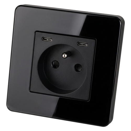 Zásuvka Sklenená LESK + Dvojitá Nabíjačka USB C+C 20W Čierna MIUUN