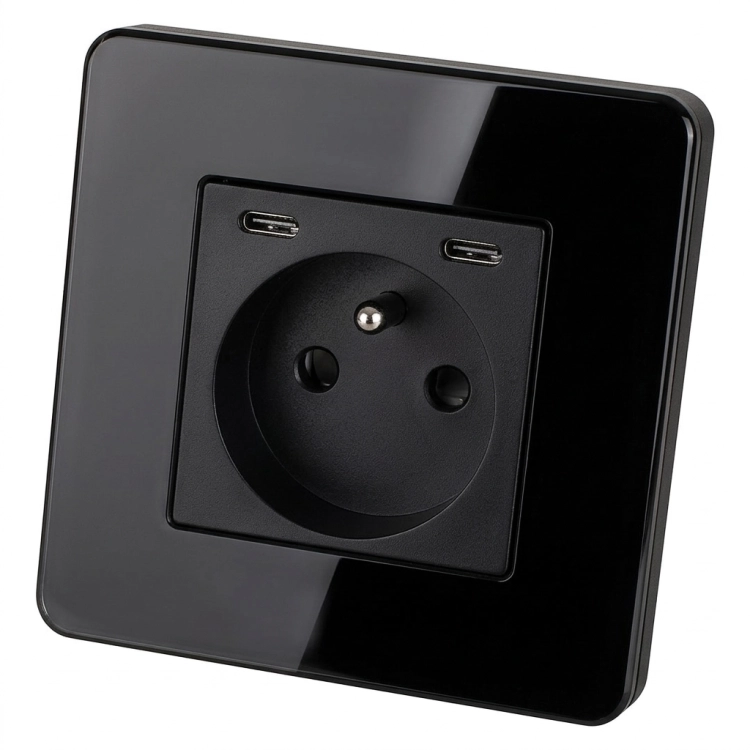 Zásuvka Sklenená LESK + Dvojitá Nabíjačka USB C+C 20W Čierna MIUUN