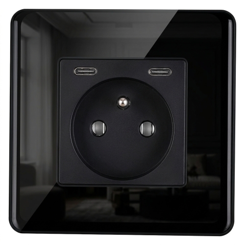 Zásuvka Sklenená LESK + Dvojitá Nabíjačka USB C+C 20W Čierna MIUUN