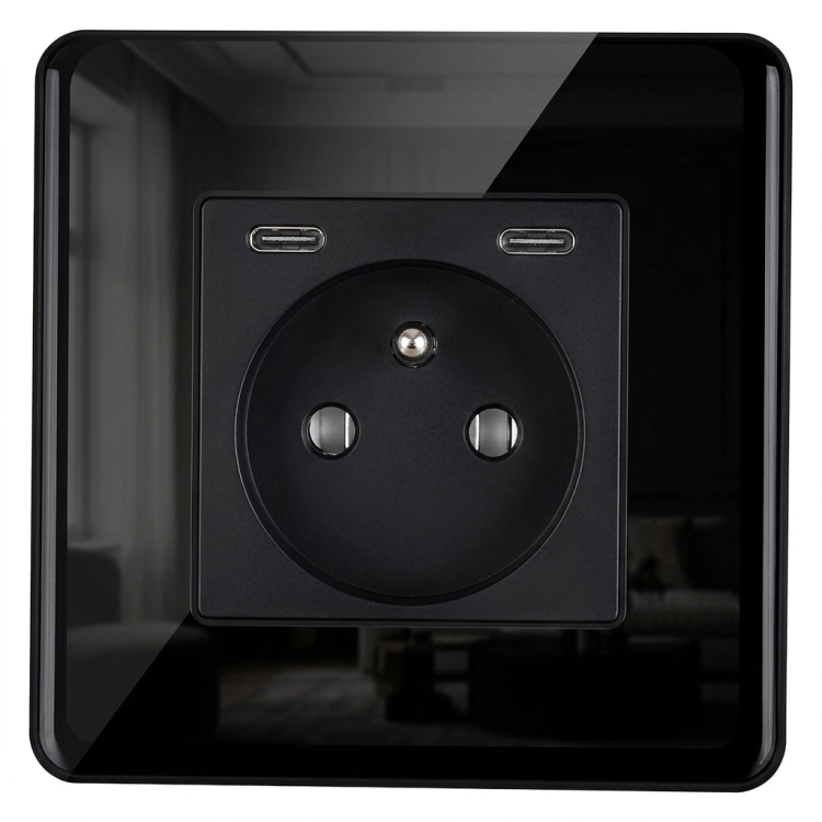 Zásuvka Sklenená LESK + Dvojitá Nabíjačka USB C+C 20W Čierna MIUUN