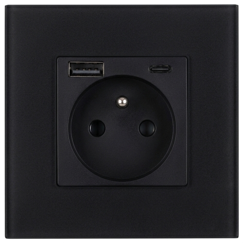 Zásuvka Sklenená Matná Čierna S Kolíkom + Dvojitá Nabíjačka USB A+C 20W MIUUN