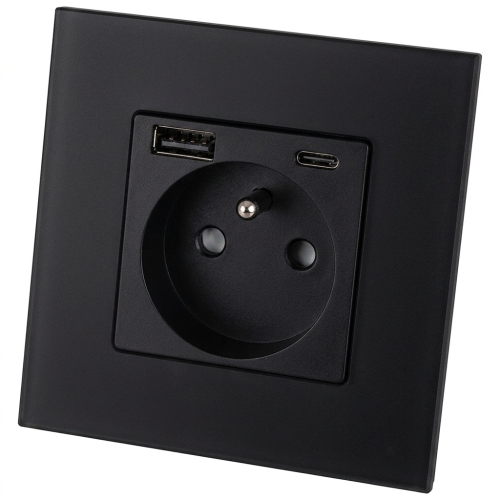 Zásuvka Sklenená Matná Čierna S Kolíkom + Dvojitá Nabíjačka USB A+C 20W MIUUN