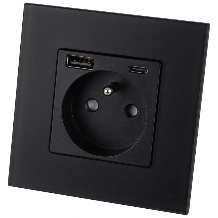 Zásuvka Sklenená Matná Čierna S Kolíkom + Dvojitá Nabíjačka USB A+C 20W MIUUN