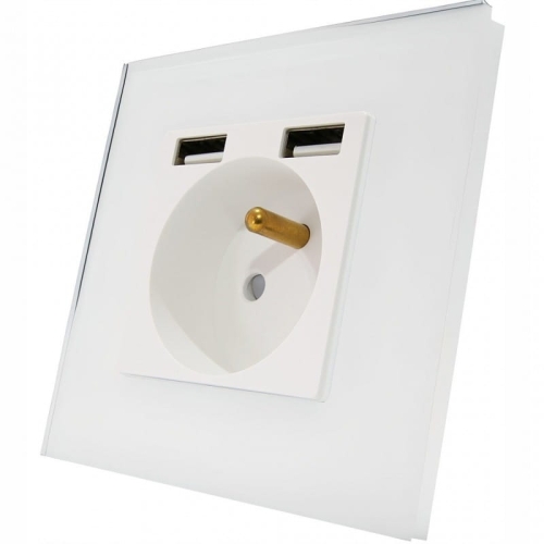 Zásuvka S Kolíkom Biela Sklenená + Dvojitá Nabíjačka USB A+A 2.4A MIUUN