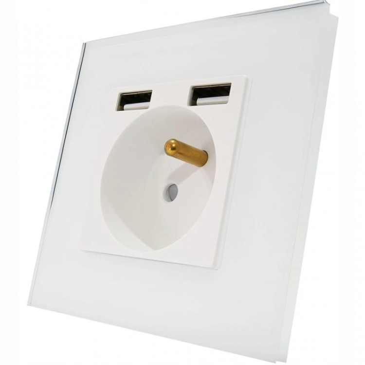 Zásuvka S Kolíkom Biela Sklenená + Dvojitá Nabíjačka USB A+A 2.4A MIUUN