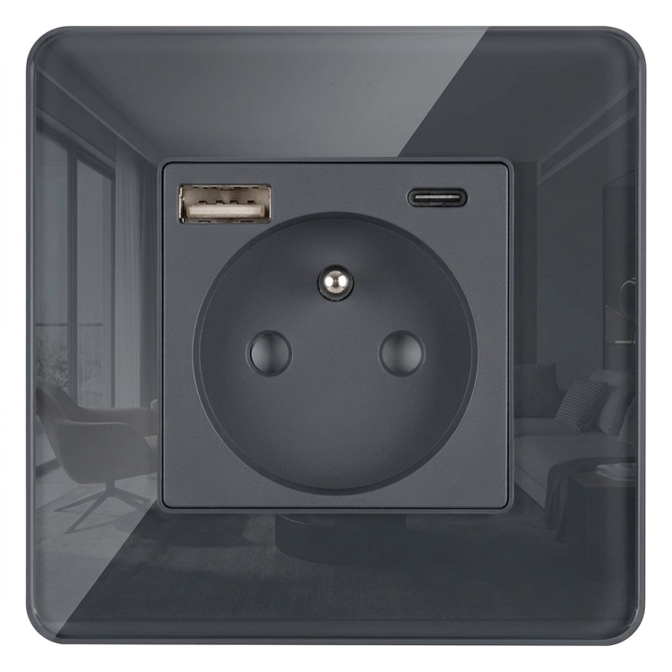 Sklenená Lesklá Zásuvka S Kolíkom + Dvojitá Nabíjačka USB A+C 20W MIUUN