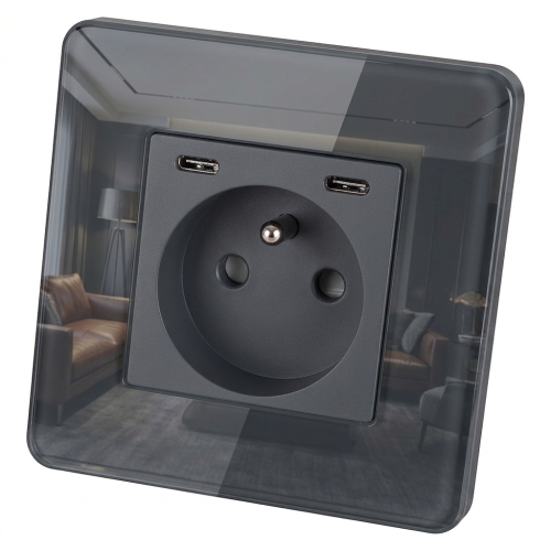 Sklenená Zásuvka Lesklá + Dvojitá Nabíjačka USB C+C 20W Sivá MIUUN