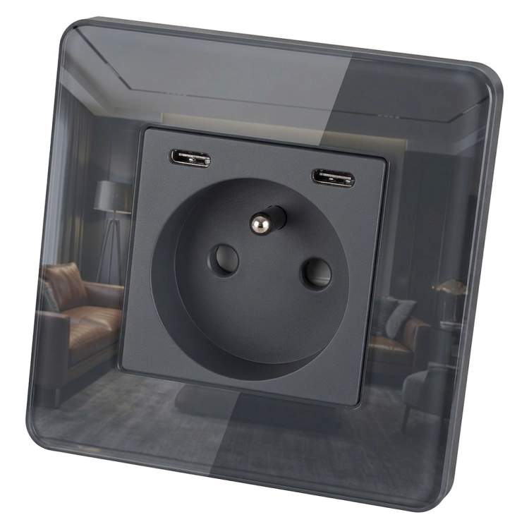 Sklenená Zásuvka Lesklá + Dvojitá Nabíjačka USB C+C 20W Sivá MIUUN