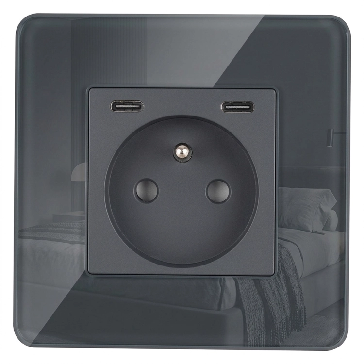 Sklenená Zásuvka Lesklá + Dvojitá Nabíjačka USB C+C 20W Sivá MIUUN