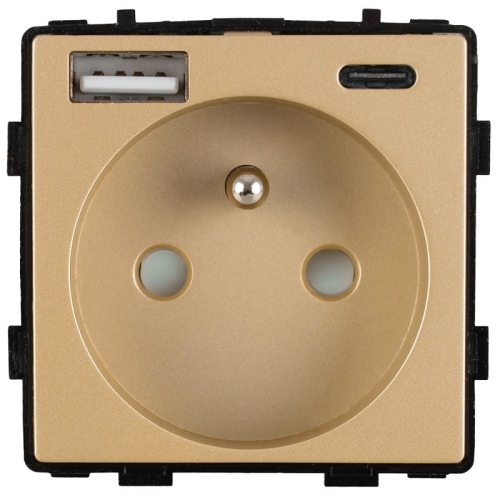 Modul Zásuvka S Kolíkom + Dvojitá Nabíjačka USB Typ A+C 20W Zlatá Do Rámikov